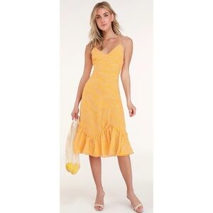 Lulu’s Flirty Fleurs Yellow Floral Daisy Print Midi Dress Size Large